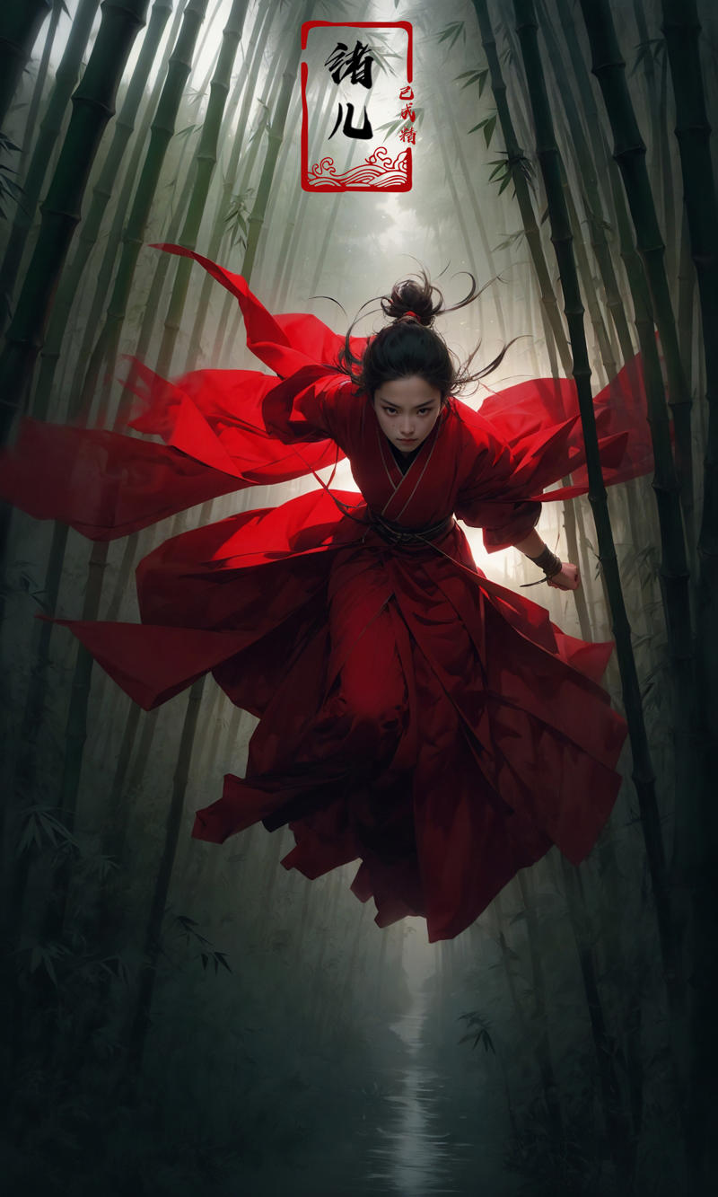 606247209521969134-1455191996-To shoot from above.  ，art by Zao Wou-ki，extreme close - up, focus on face, A woman in red Hanfu, wearing a white transparent ve.jpg